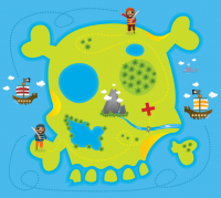 Illustration of two pirates on skull island with x marking treasure location